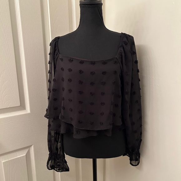 Altar'd State Black Cropped Long Sleeve Blouse With Textured Polka Dots Size L - Picture 1 of 5
